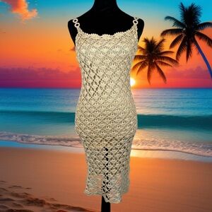Soho Village Wear Crochet Knit Dress Sleeveless Lined Cover Up Stretch Beige O/S